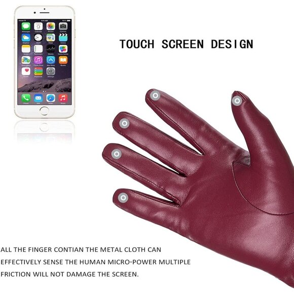 Women's Wine Red Winter Leather Gloves Wool Fleece Lined Thermal Touchscreen - Picture 4 of 5